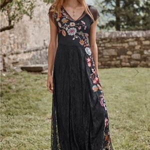 Floral Embroidered Black Maxi Dress